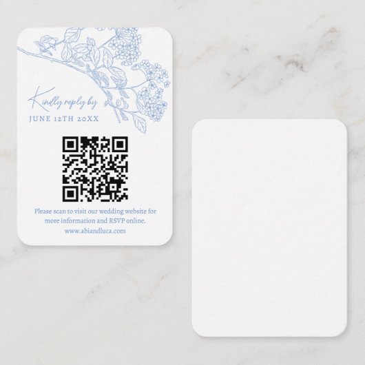 Blue Chinoiserie Toile WeddinウェブサイトRSVP QRコード エンクロージャーカード (正面/裏面)