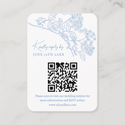 Blue Chinoiserie Toile WeddinウェブサイトRSVP QRコード エンクロージャーカード (正面)
