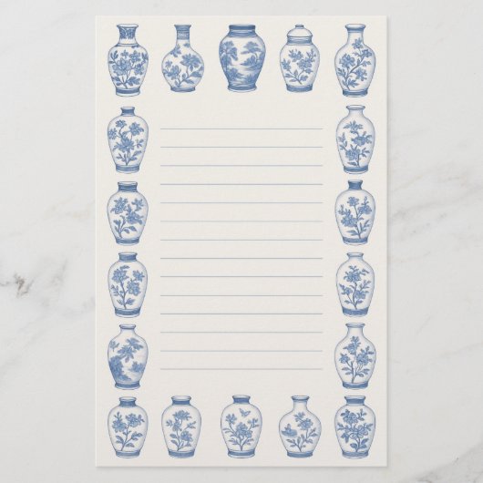 Blue Chinoiserie Vase Stationery – Elegant Lined  便箋 (正面)