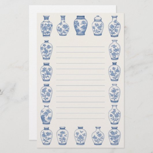 Blue Chinoiserie Vase Stationery – Elegant Lined  便箋 (正面/裏面)