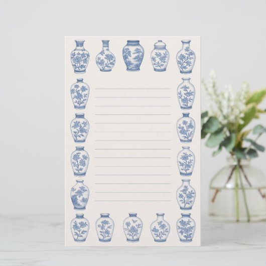 Blue Chinoiserie Vase Stationery – Elegant Lined  便箋 (スタンド正面)