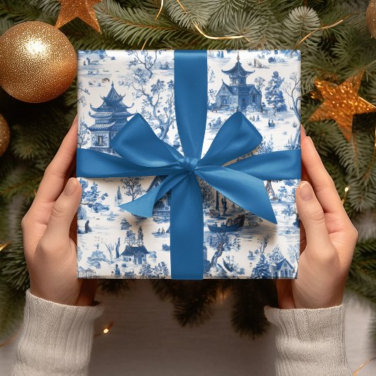 Blue Chinoiserie Village Christmas Wrapping Paper ラッピングペーパー