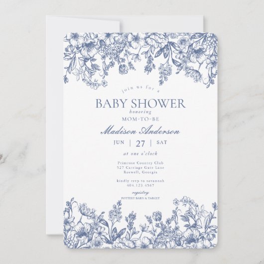 Blue Chinoiserie Vintage Floral Baby Shower 招待状 (正面)