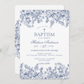 Blue Chinoiserie Vintage Floral Baptism 招待状 (正面/裏面)