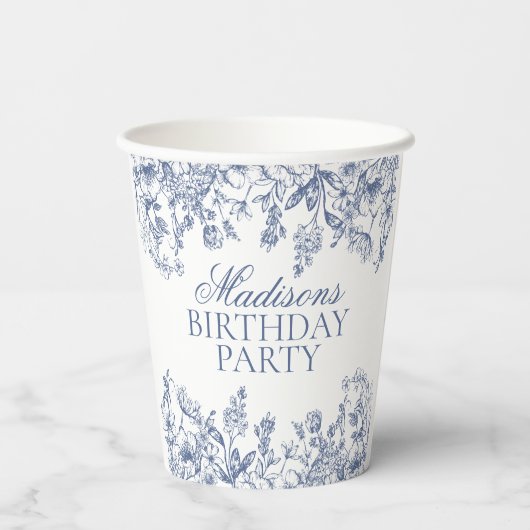 Blue Chinoiserie Vintage Floral Birthday 紙コップ (裏面)