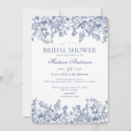 Blue Chinoiserie Vintage Floral Bridal Shower 招待状