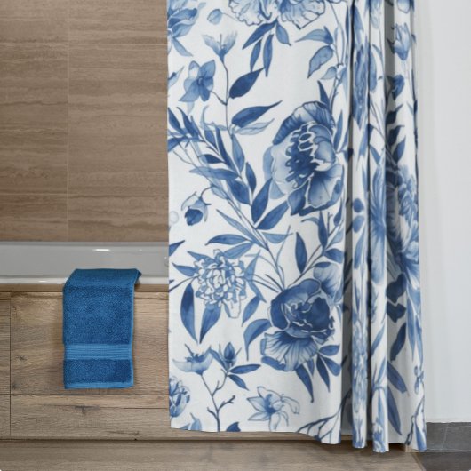 Blue Chinoiserie Watercolor Floral Botanical シャワーカーテン