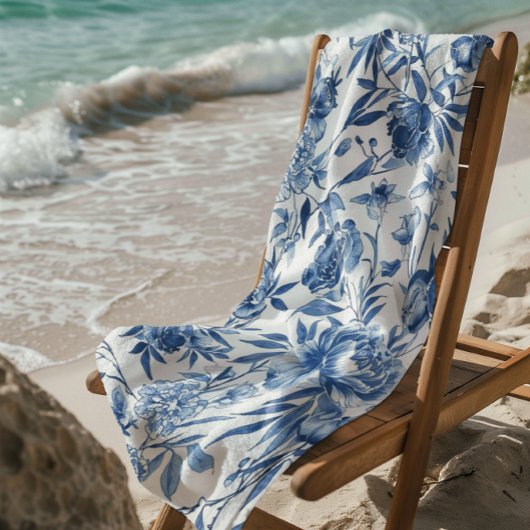 Blue Chinoiserie Watercolor Floral Botanical ビーチタオル