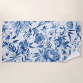 Blue Chinoiserie Watercolor Floral Botanical ビーチタオル (正面)