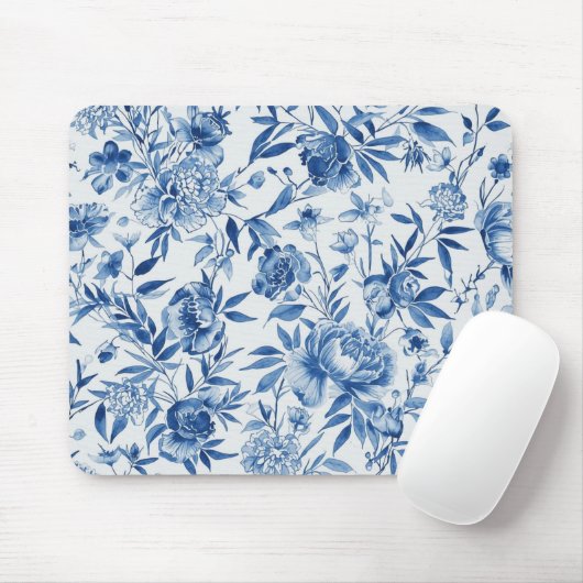 Blue Chinoiserie Watercolor Floral Botanical マウスパッド (マウス)