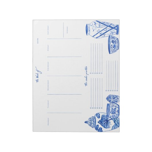 Blue Chinoiserie Weekly Planner Notepad ノートパッド (回転)