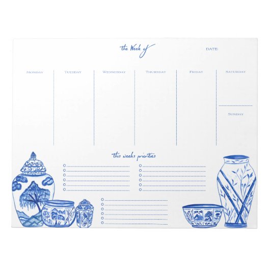 Blue Chinoiserie Weekly Planner Notepad ノートパッド (正面)