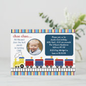 blue choo choo train first birthday photo招待状 招待状 (スタンド正面)