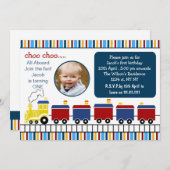 blue choo choo train first birthday photo招待状 招待状 (正面/裏面)