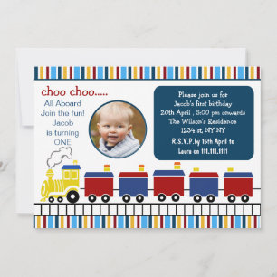 blue choo choo train first birthday photo招待状 招待状