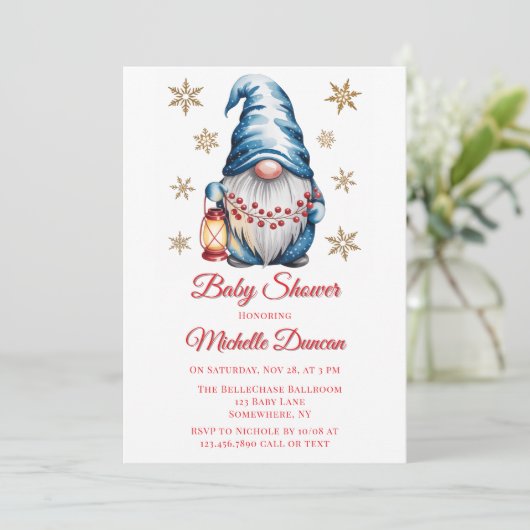Blue Christmas Gnome Baby Shower 招待状 (スタンド正面)