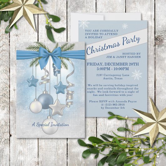 Blue Christmas Multiple Ornaments Party Invitation 招待状