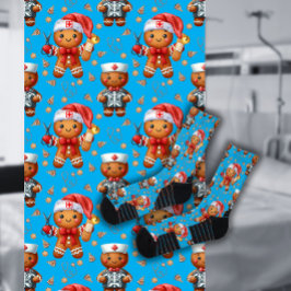 Blue Christmas Nurse Whimsical Gingerbread Man ソックス