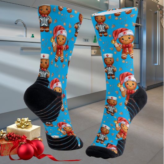 Blue Christmas Nurse Whimsical Gingerbread Man ソックス
