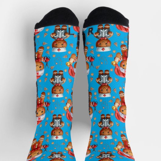 Blue Christmas Nurse Whimsical Gingerbread Man ソックス (上部)