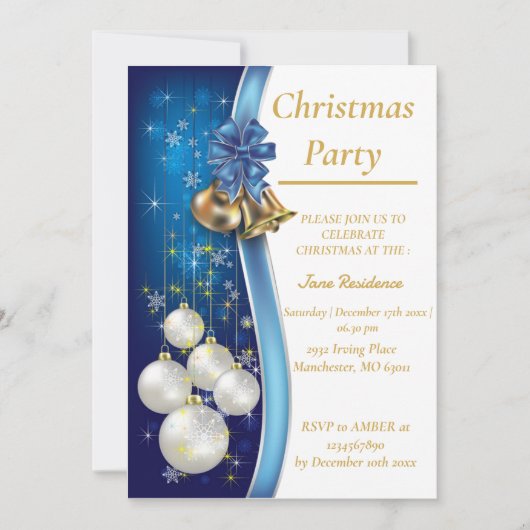 Blue Christmas Ornament Invitation 招待状 (正面)