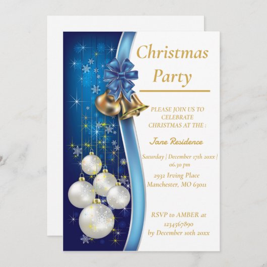 Blue Christmas Ornament Invitation 招待状 (正面/裏面)