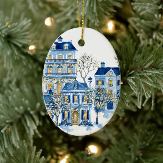 Blue Christmas Oval Ornament – Holiday Tree Decor セラミックオーナメント (ツリー)