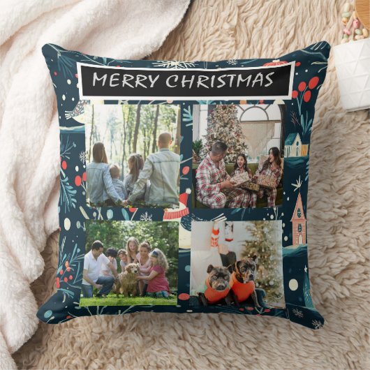 Blue Christmas Patterns 4 Photo Collage クッション (ブランケット)