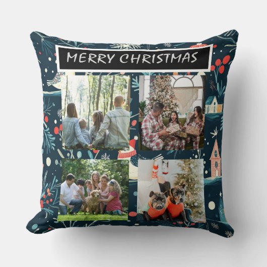 Blue Christmas Patterns 4 Photo Collage クッション (正面)