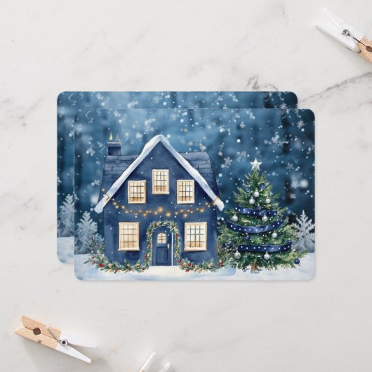 Blue Christmas Snow Winter Scene House (正面/裏面インサイチュ)