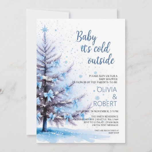 Blue Christmas Tree Baby Shower  招待状 (正面)