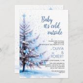 Blue Christmas Tree Baby Shower  招待状 (正面/裏面)