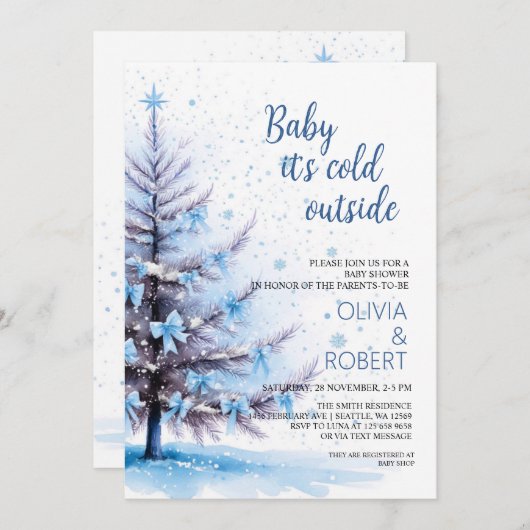 Blue Christmas Tree Baby Shower  招待状 (正面/裏面)