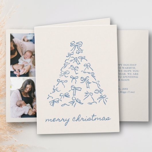 Blue Christmas Tree Doodle Bow 4 Photo Folded シーズンカード