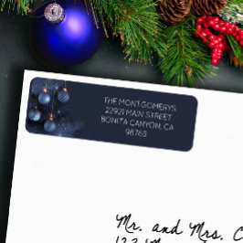 Blue Christmas Tree & Ornaments Return Address ラベル