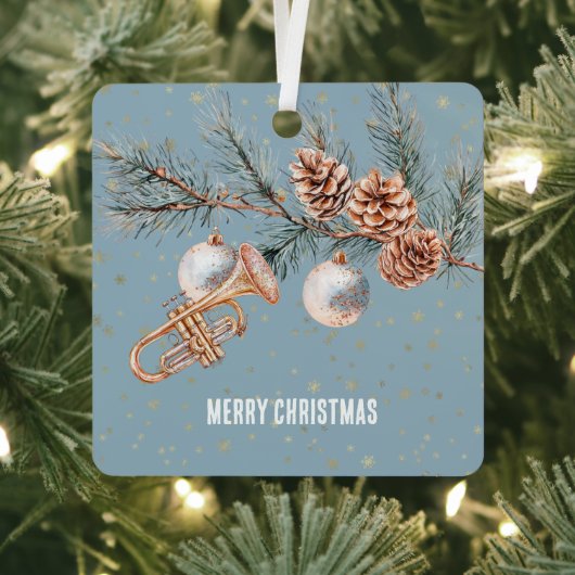 Blue Christmas Tree Pine Cones Ornaments Trumpet メタルオーナメント (インサイチュ)