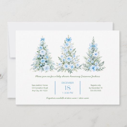 Blue Christmas Trees 2 Boy Baby Shower 招待状 (正面)
