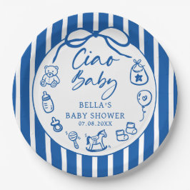 Blue Ciao Bambino Italian Illustrated Baby Shower ペーパープレート