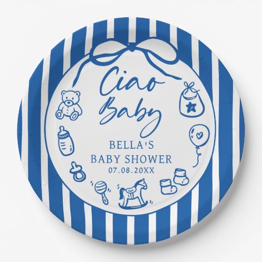 Blue Ciao Bambino Italian Illustrated Baby Shower ペーパープレート (正面)