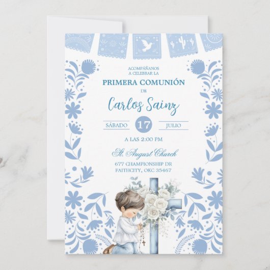  Blue Cielito Lindo First Holy Communion  招待状 (正面)