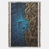 Blue Circuitry on Tribal Wood スローブランケット (正面縦)