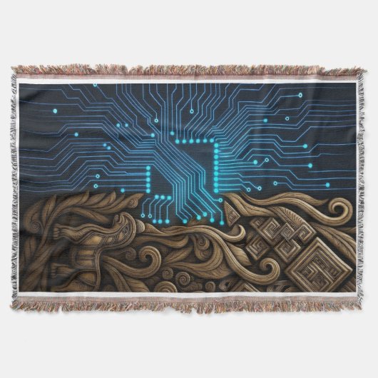 Blue Circuitry on Tribal Wood スローブランケット (正面)