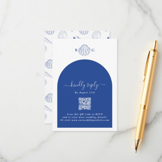 Blue Clam Seashells Coastal Seaside Beach Wedding エンクロージャーカード (正面/裏面インサイチュ)