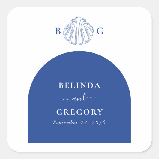 Blue Clam Seashells Coastal Seaside Beach Wedding スクエアシール (正面)