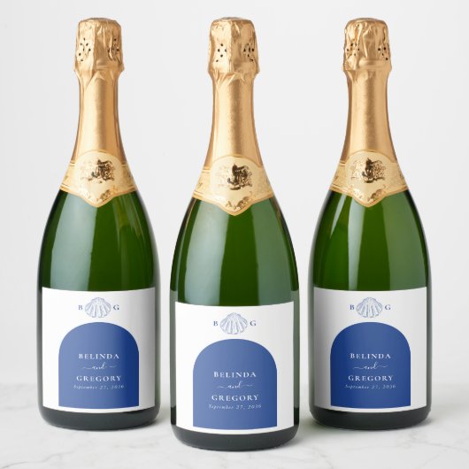 Blue Clam Seashells Coastal Seaside Beach Wedding スパークリングワインラベル (ボトル)