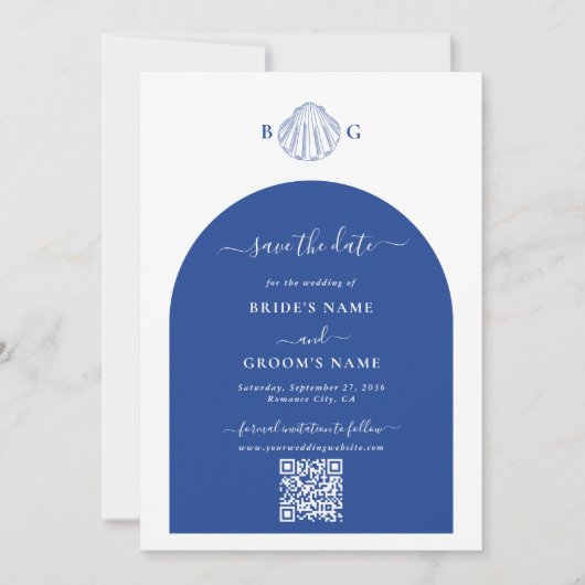 Blue Clam Seashells Coastal Seaside Beach Wedding セーブザデート (正面)