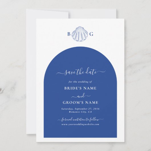 Blue Clam Seashells Coastal Seaside Beach Wedding セーブザデート (正面)