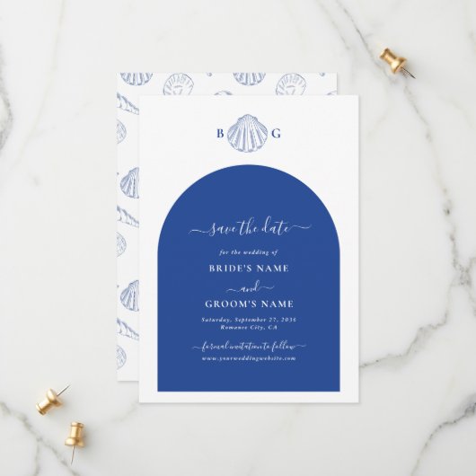 Blue Clam Seashells Coastal Seaside Beach Wedding セーブザデート (正面/裏面インサイチュ)