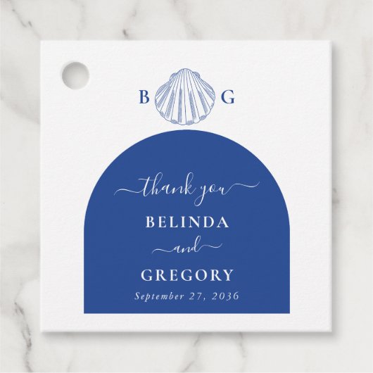 Blue Clam Seashells Coastal Seaside Beach Wedding フェイバータグ (正面)