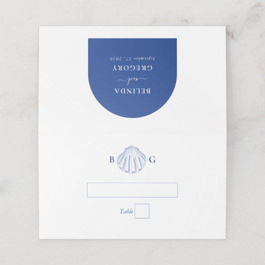 Blue Clam Seashells Coastal Seaside Beach Wedding プレイスカード (外部開封)